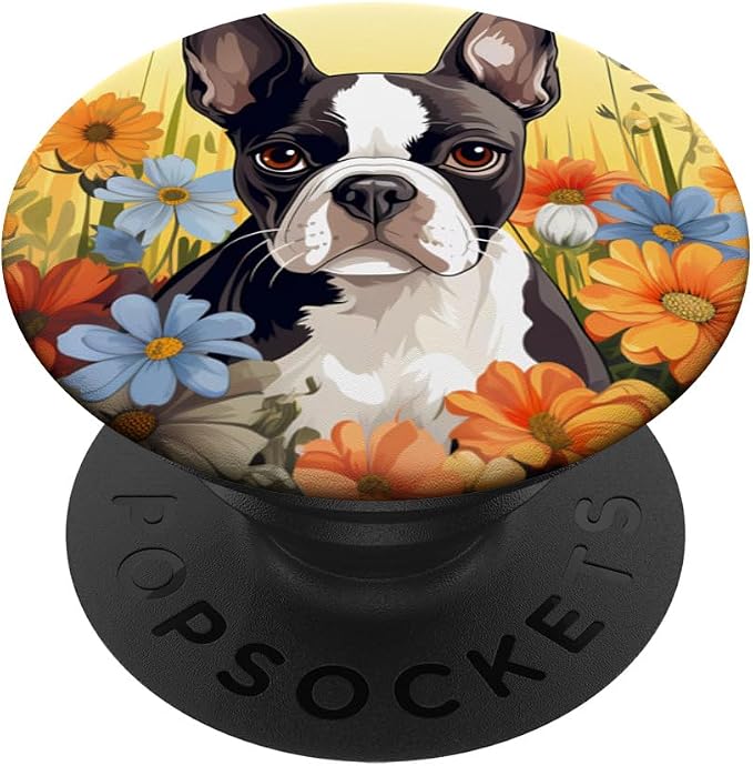 Cute Boston Terrier Spring Flower Garden Colorful Puppy Dog PopSockets Adhesive PopGrip