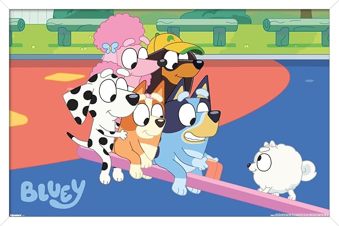 Bluey (2018) - Bluey and Friends See Saw Fun Wall Poster, 34L" x 22.4W", White Framed Version