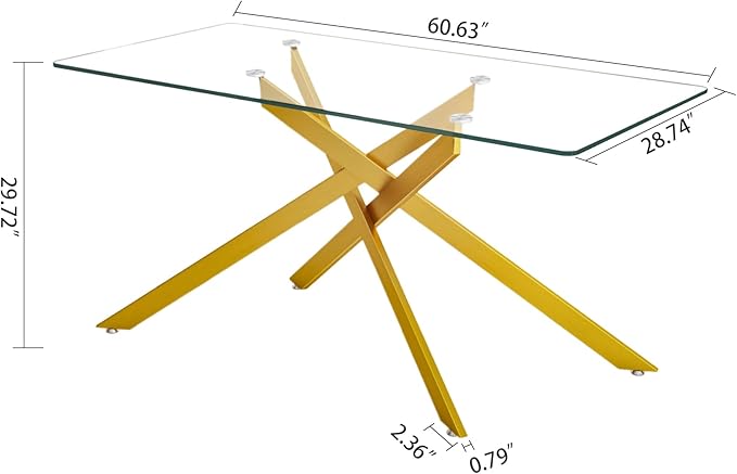 60" Rectangular Glass Dining Table Modern Kitchen Glass Top Table for 6 with Gold Metal Legs, Clear Dining Table Kitchen Table for Home Office Dining Room