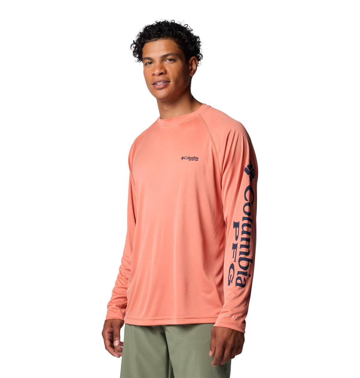 Columbia Men's Terminal Tackle Long Sleeve Shirt, Faded Peach/Collegiate Navy Logo, X-Large Tall