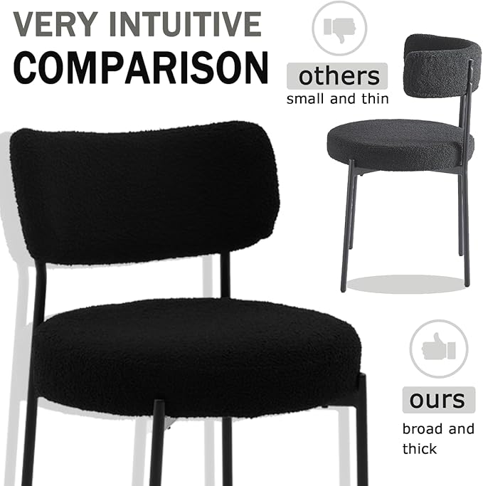 Black Boucle Dining Chairs Set of 4, Upholstered Dinner Chair with Metal Frame, Dining Room Chairs with Padded Seat, Round Modern Seating for Living Room