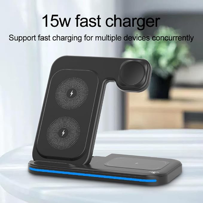 Foldable 3 in 1 Charging Station Dual Coil Wireless Charger for iPhone 17 Apple Watch Ultra 1-10 Charging Dock for Air. Pods (No A/C Adapter USB C to C Cord)