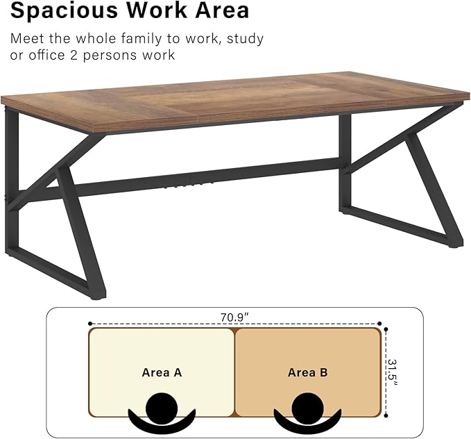 HSH Large Home Office Desk, Modern Wood Metal Computer Desk for Two Person, Extra Long Executive Writing Study Gaming Double Desk Workstation, 70 Inch Rustic Bedroom Living Room Table for 2 Monitors