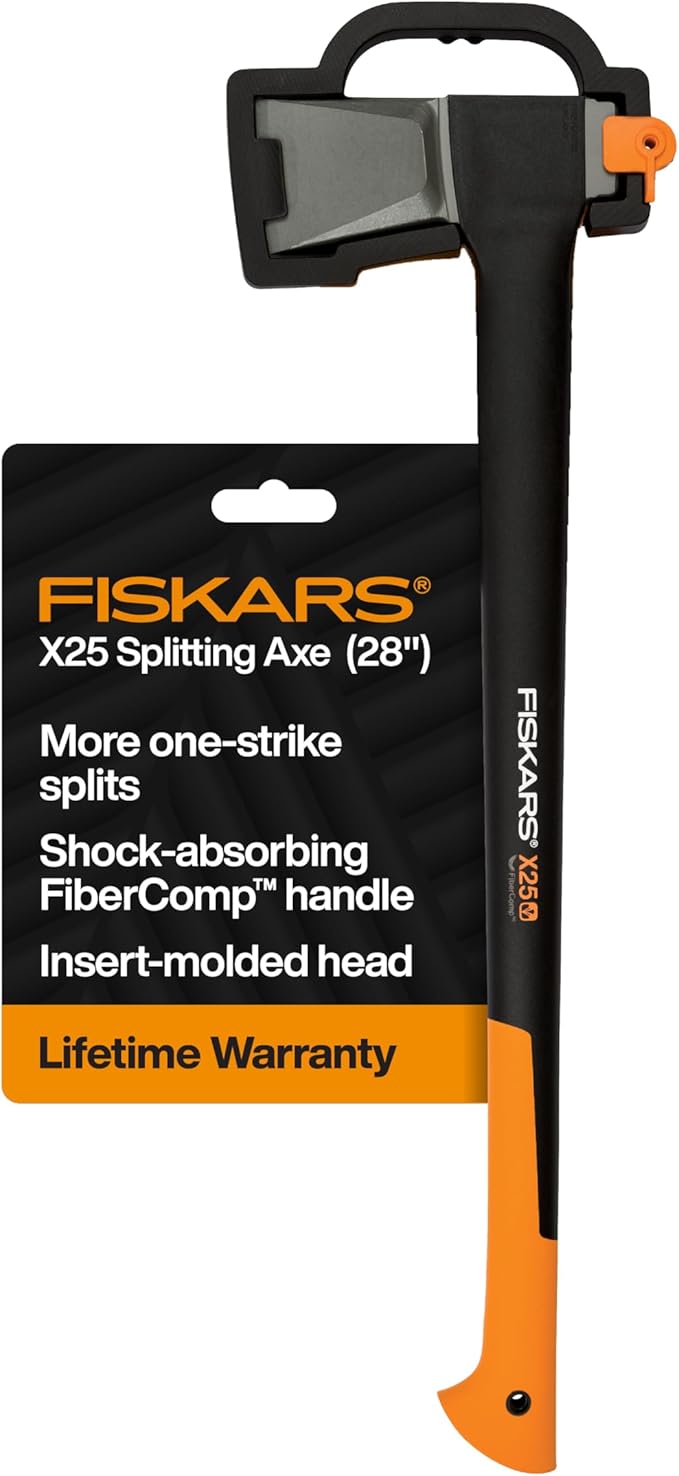 Fiskars X25 Splitting Axe, 28" Wood Splitting Axe for Medium to Large Size Logs with Shock Absorbing Handle and Sheath, Split Firewood, Forged Steel Blade, Bushcraft Gear and Camping Hatchet