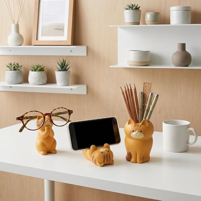 3 PS Cat Shaped Phone Holder and Eyeglass Frame with Pen Holder Animal Resin Gift for cat Enthusiasts Home and Office Fashion Accessories-Brown