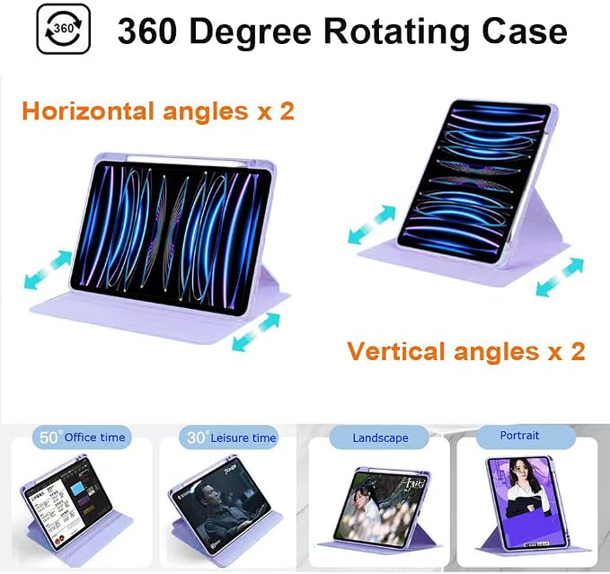 iPad Pro 11 Case 4th/3rd/2nd/1st Gen Balck | 360° Rotating Pencil Holder Compatible with 2022/2021/2020/2018 Clear Acrylic Back Auto Sleep/Wake