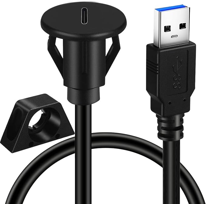 Small USB 3.0 Male to Type C 3.0 Female Car Flush Mount Cable USB C 3.0 Panel Mount Extension Cable for Car Truck Boat Motorcycle Dashboard 3ft