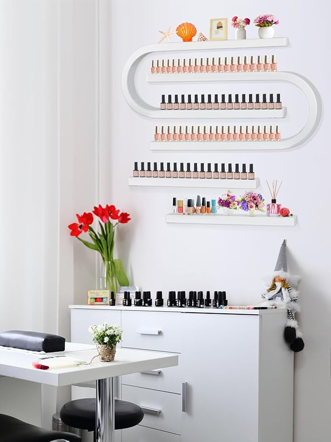 EBANKU 4PC U Shape Nail Polish Racks Heavy Duty Nail Shelfs for Wall Nail Polish Display Rack Cosmetic Display Cases Lipstick Perfume Wall Shelf Nail Polish Organizer for Home Spa Nail Salon (White)