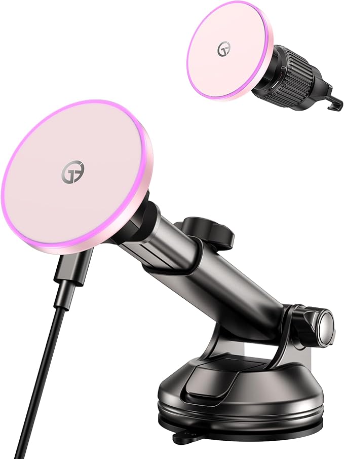 for MagSafe Car Mount Charger Dash/Windshield/Vent Wireless Car Charger with [LED Light], Strong Magnetic Phone Holder for Car for iPhone 16 15 14 13 12 Series, Fit MagSafe Accessories (Pink)