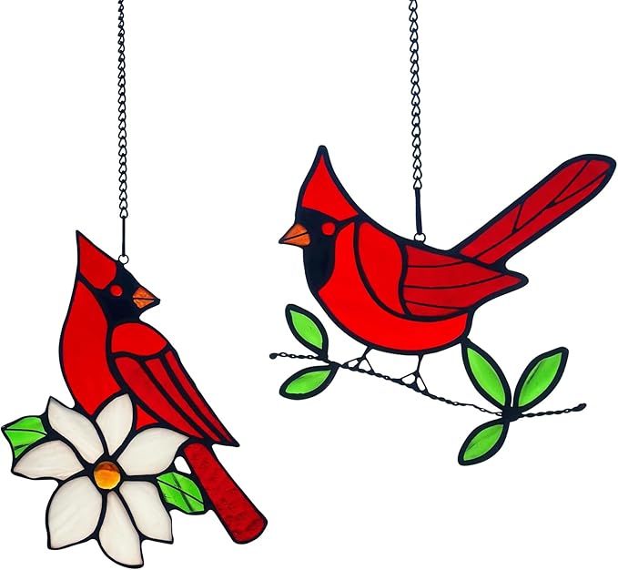 2 Packs Stained Glass Red Cardinal Memorial Gifts for Women, Stained Glass Window Hanging, Red Cardinal on Branch Ornament Suncatcher, Handmade Bird Decor Gift for Mom, Bird Lover