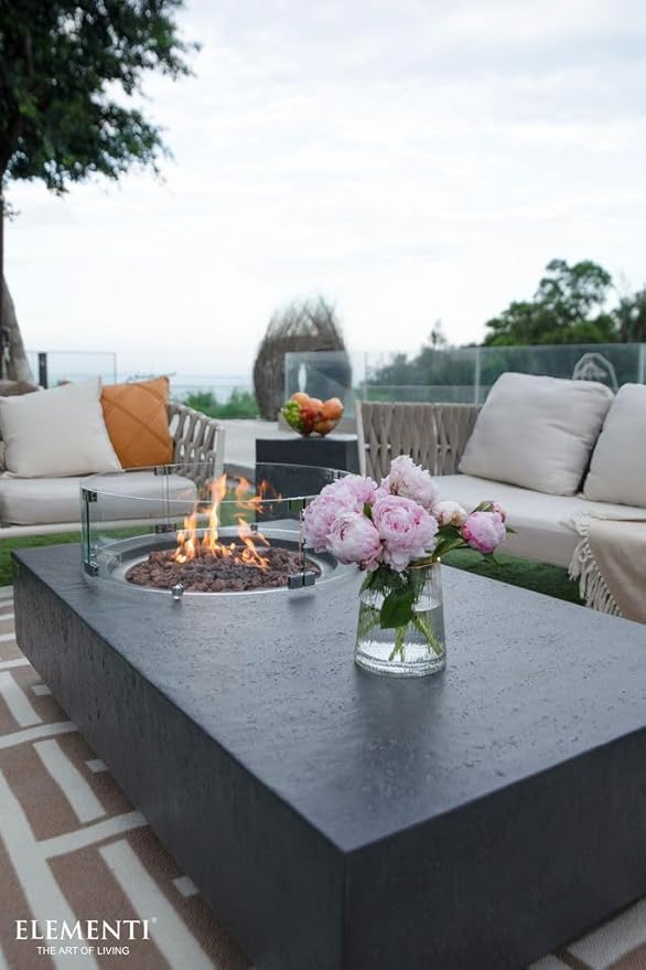 Elementi | Bundle Metropolis Gas Fire Pit Cast Concrete 56" Rectangular Fire Table, Outdoor Fire Pit Electronic Ignition | Canvas Cover, Lava Rock Included | Dark Gray (Propane Gas)