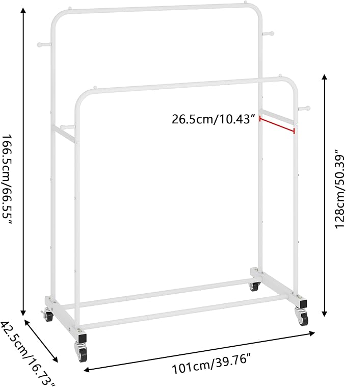 Laiensia Double Rods Garment Rack with Wheels, Clothing Rack for Hanging Clothes,4 Hooks, Multi-functional Bedroom Clothes Rack, White