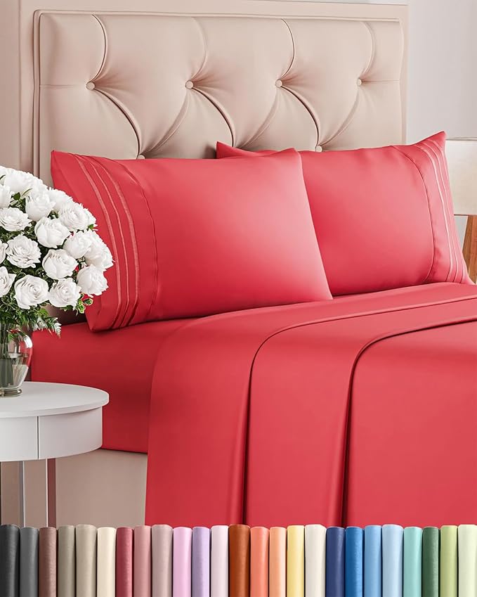 King Size 4 Piece Sheet Set - Comfy Breathable & Cooling Bed Sheets Set - Hotel Luxury Bedding for Women, Men, Kids, Teens, Boys and Girls - Deep Pockets, Ultra-Soft & Wrinkle Free - Oeko-Tex - Red