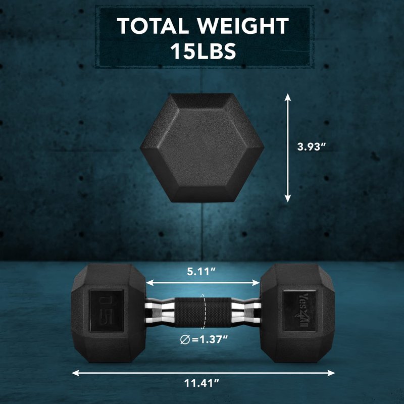 Yes4All Hex Dumbbell Rubber Grip - Premium heavy weight Dumbbell - 1C. 15 Pounds
