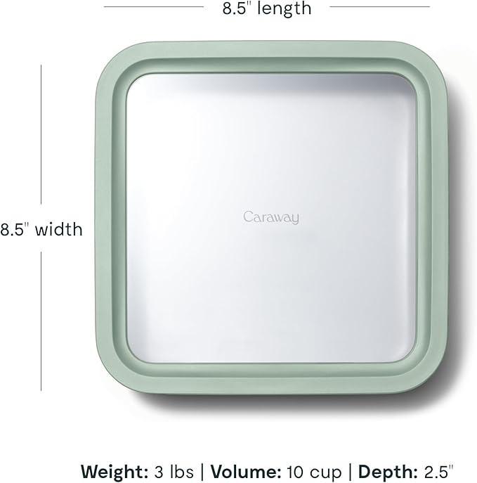 Caraway Glass Food Storage - 10 Cup Glass Container - Ceramic Coated Food Container - Non Stick Lunch Box with Lids - Dishwasher, Oven, & Microwave Safe - Square Shape - Mist