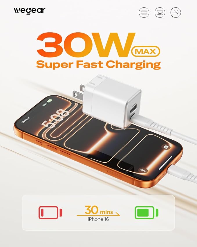30W Fast Charger Dual Port USB C Wall Charger with Foldable Plug | for iPhone 17/16/15 Samsung S26/25/24 iPad 40% Smaller &amp Safer Nano Charger Block (Black 2 Pack)