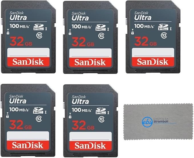 SanDisk 32GB Ultra SD Memory Card (5 Pack) SDHC UHS-I Card Class 10 (SDSDUNR-032G-GN3IN) Bundle with 1 Everything But Stromboli Microfiber Cloth
