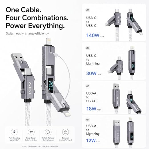 pzoz 4-in-1 Multi Charging Cable with LED Display One Cable for USB-C &amp Lightning Devices 60W Fast Charging Cord USB A/C to USB C/Lightning for iPhone 17/16/15 iPad MacBook Samsung(5 ft)
