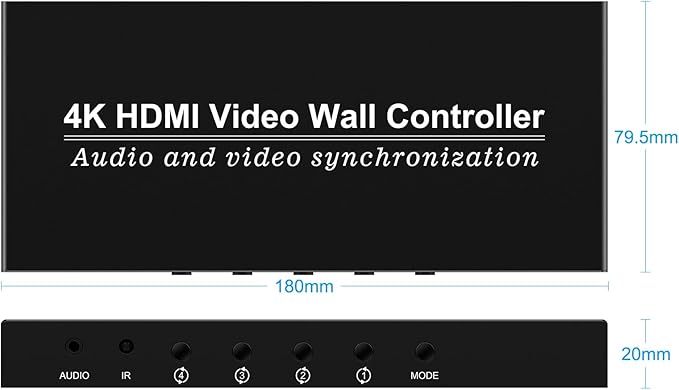 Video Wall Controller HDMI 1X4,Splicing Professional Processor with 4 HDMI+3.5mm Audio Output 180 Degree Rotate TV Wall Display 8 Splicing Modes 1x1, 1x2, 1x3, 1x4, 2x1, 3x1,4x1, 2x2