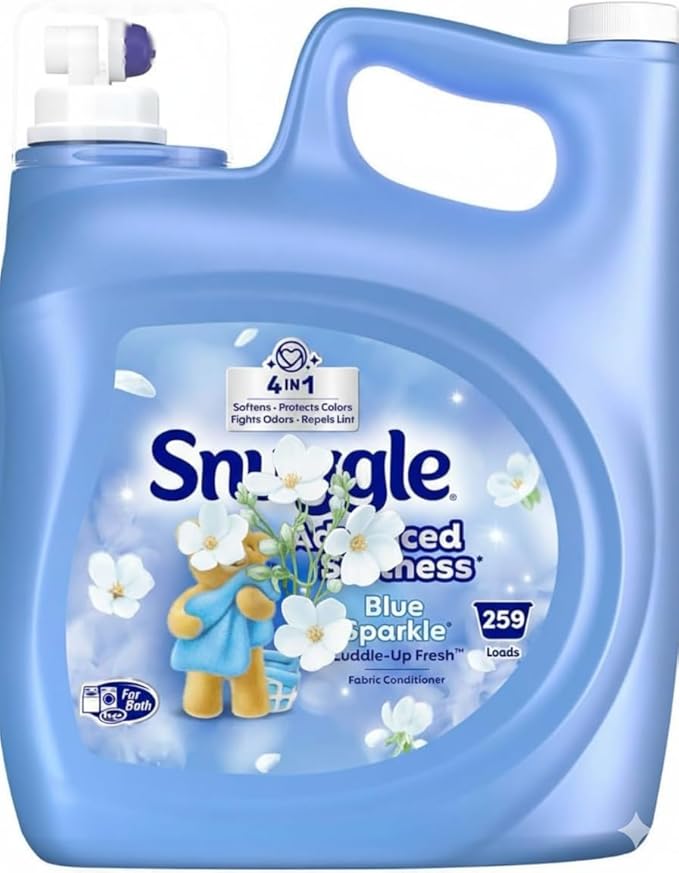 259 Loads Snugle Advanced Softness Liquid Fabric Softener, Blue Sparkle, 4-in-1 Benefits, HE Compatible