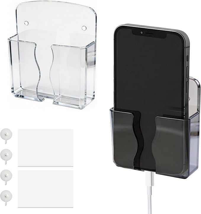 4 Pack Wall Mounted Phone Holder Self-Adhesive Plastic Phone Stand with Data Cable Receiving Hole Single Smartphone Organizer for Bedroom Kitchen Bathroom Office (Clear Translucent Black)