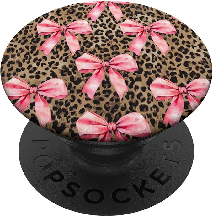Coquette Light Pink Ribbon Bow on Cheetah Leopard Print PopSockets Adhesive PopGrip