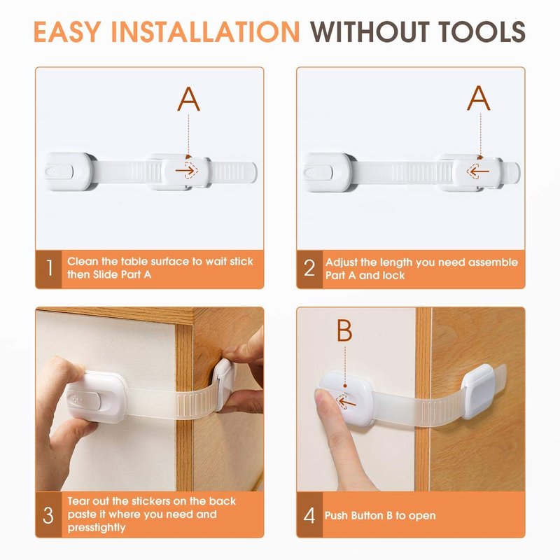 Baby Safety Strap Locks 10 Pack - Cabinet Locks Baby Proofing for Baby Proofing Cabinets & Drawers, Child Proof Cabinet Locks, Fridge Lock & Oven Lock Child Safety, Adjustable No Drill, White