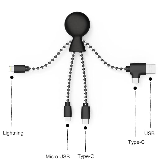 Xoopar - Mr Bio 4 in 1 Multi USB Cable Octopus Design Black - Universal Recycled Plastic Charger - USB Plug - USB-C - Lightning - Micro USB for Universal Smartphone