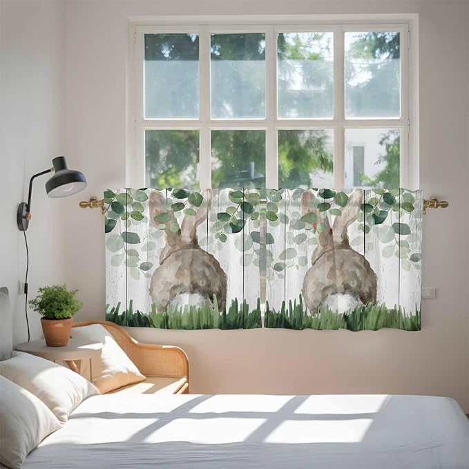 Easter Tier Curtains, Country Rabbit Botanical Leaves Wooden Grain Light