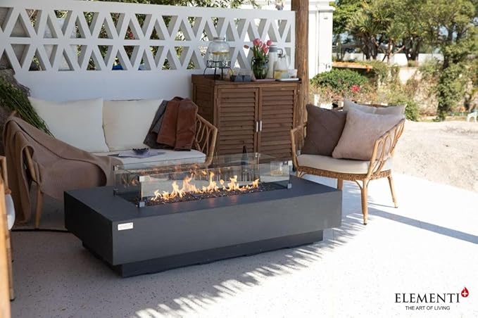 Elementi+ | Bundle Positano Gas Fire Pit Cast Concrete 60" Rectangular Fire Table, Outdoor Fire Pit Electronic Ignition | Canvas Cover, Fire Glass and Burner Lid Included | Dark Gray | Natural Gas