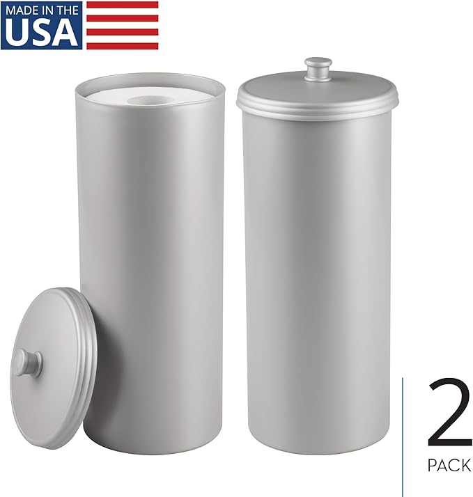 iDesign Freestanding Bathroom Toilet Paper Storage Holder with Lid for 3 Extra Rolls, 2-Pack, Silver