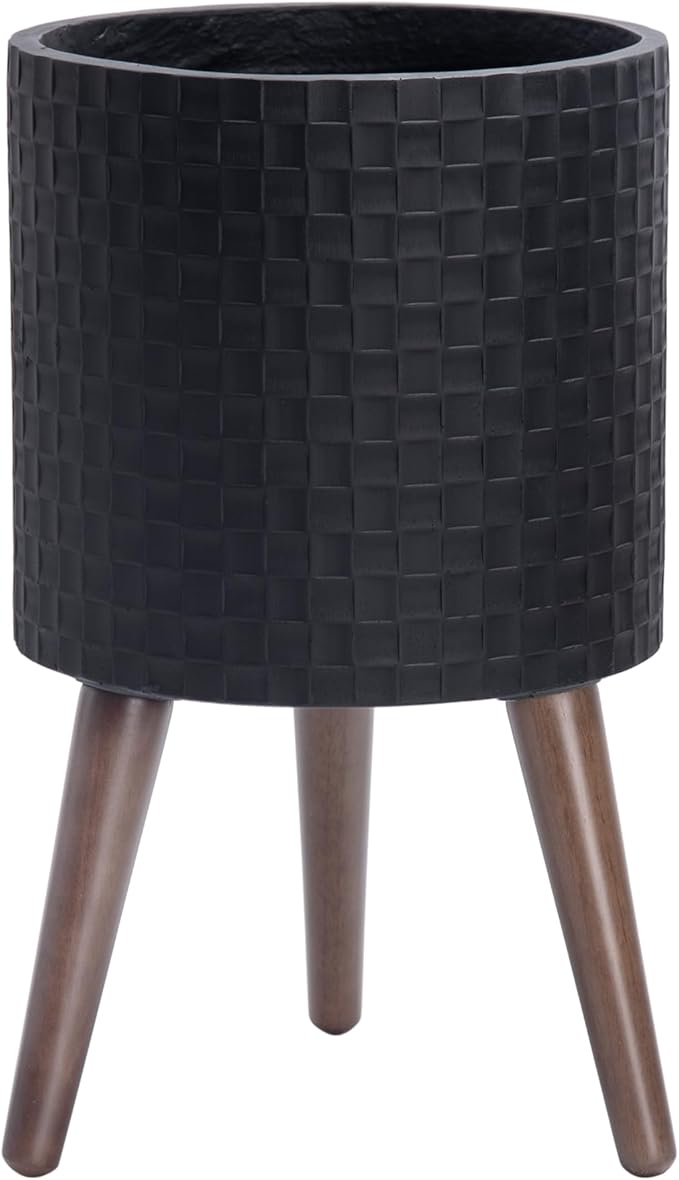 D'vine Dev 10 Inch Modern Geometric Tile Patterned Sleek Planter Pot with Stand, Indoor Outdoor Decorative Plant Holder, Matte Black, 88-Z-B-2