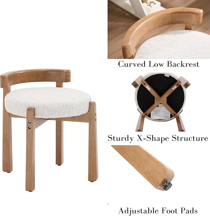 DUOMAY Modern Chenille Vanity Stools Set of 2, Upholstered Low Back Ottomans with Solid Wood Legs Cute Round Footrest Makeup Stools Dressing Seat for Living Room Bedroom, Beige