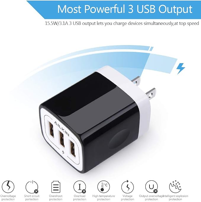 Wall Charger AILKIN 3.1A MultiPort Fast Charger Plug Travel Home Power Adapter Quick Charging Block Base Boxed for iPhone 15 14 13 12 11 10 8 7 Pro Max Mini Samsung Galaxy Pixel Kindle USB Brick
