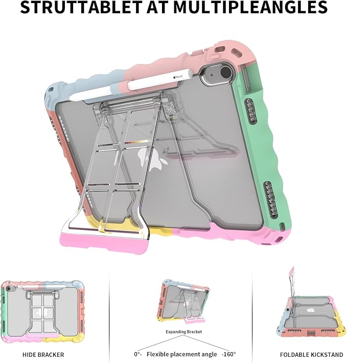 iPad (A16) 11th Generation 2025 11-inch/10th Generation 2022 10.9-inch Protective Case Silicone Shockproof Case with Screen Protector Pencil Storage Slot Shoulder Strap Handle Stand (A-Blue)