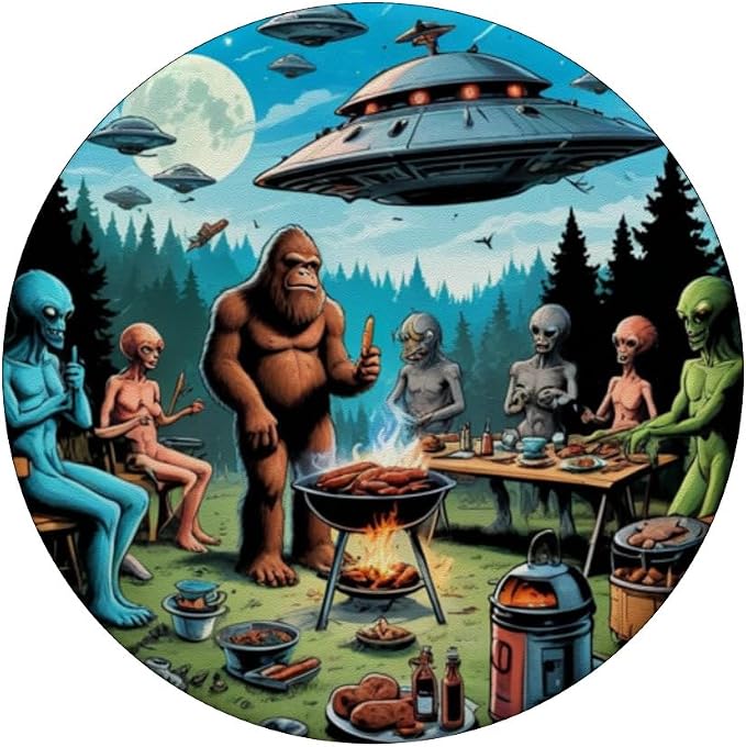 Alien and Bigfoot BBQ UFO Illustration Print PopSockets PopWallet for MagSafe