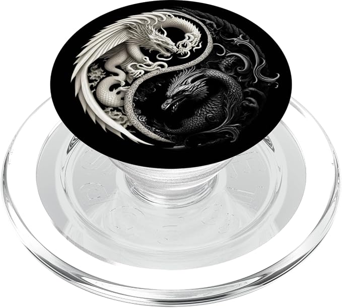 Aesthetic Illustration Art Dragon Black And White Yin Yang PopSockets Standard PopGrip