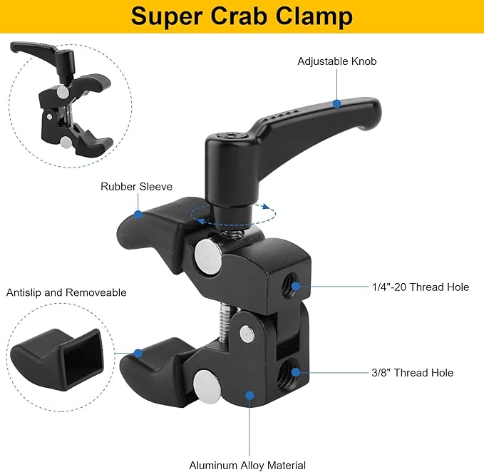 Mippko Camera Super Crab Clamp Mount,10" 360° Adjustable Aluminium Magic Arm Holder,1/4"-20 Thread for Video Light / Insta360 / Canon Nikon DSLR Cameras,Adapter for GoPro Hero 13/12/11/10/9/8/7/6/5