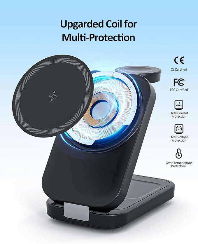Wireless Cell Phone Charger Station 3 in 1 Magnetic Wireless Fast Charger Dock Stand for iPhone Apple Watch AirPods Pro 15W USB-C iPhone Charger Black（20W Adapter）