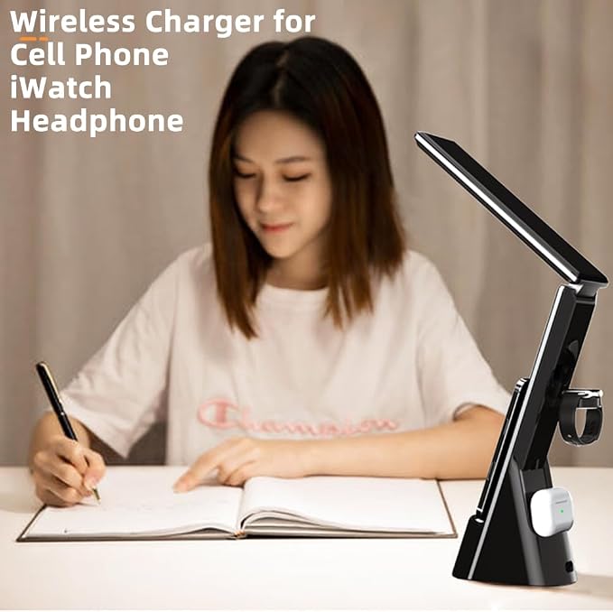 IHAO 3in1 Multifunctional Foldable Wireless Charging Station with LED Ambient Night Light Fast QC3.0 Charger for Phone iWatch Headphone Space-Saving Auto-Shutoff &amp Overcharge Protection-Black
