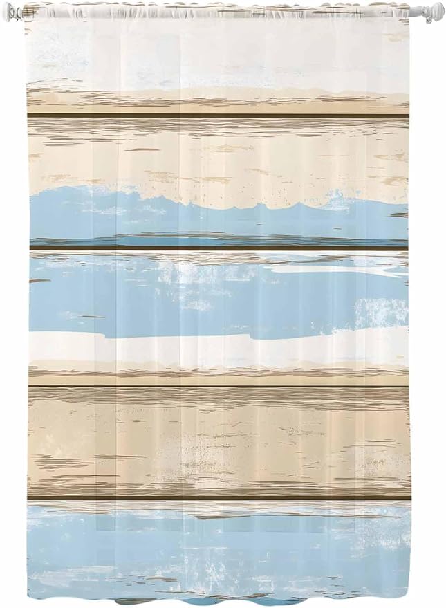 Sheer Curtains 63 Inch Length, Vintage Geometric Blue Semi Sheer Curtains Light