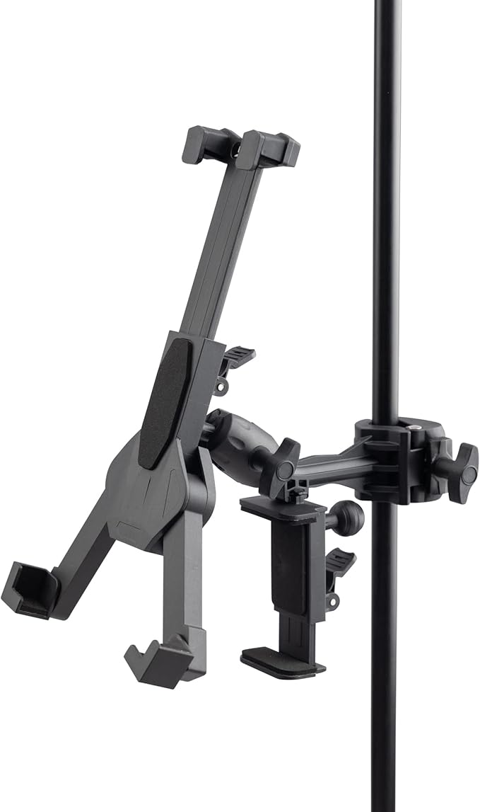 OnStage TCM1500 Tablet/Smartphone Holder (Setup for Tablets, Computers, E-Readers, Smartphones, and Phablets, Clamp Mount, Nonslip Padding, Adjustable Angle and Rotation, External Battery Holder)
