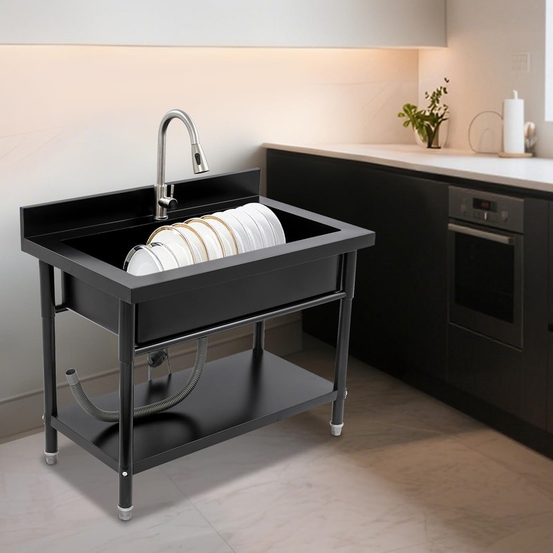 Stainless Steel Utility Sink, Freestanding Commercial Kitchen Sink with Pull-Out Faucet, Large Capacity Laundry Sink, Single Bowl Garage Sinks for Garage Basement Outdoor Indoor Use (Black)