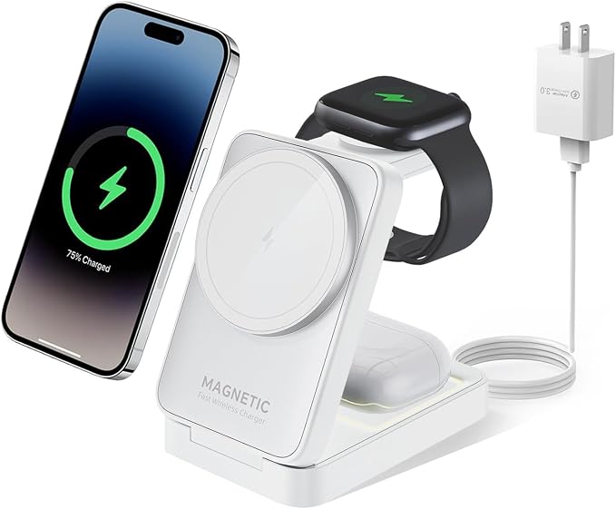 MALOM W91 3-in-1 Multifunctional Wireless Magnetic Charger for iPhone Apple Watch AirPods Foldable Nightlight (Black)