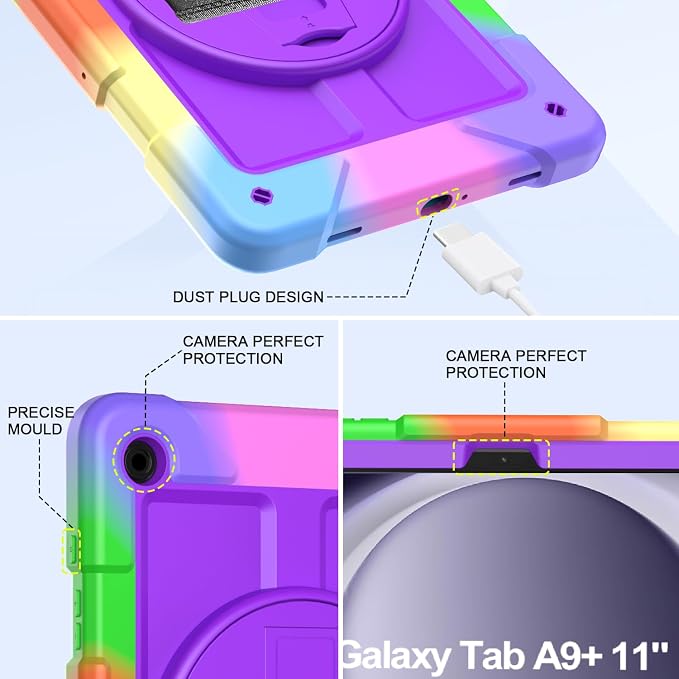 BMOUO for Samsung Galaxy Tab A9+ Plus Case 11 2023 (SM-X210/X216/X218) Shockproof Galaxy Tab A9 Plus Case with Rotating Stand and Hand/Shoulder Strap Black