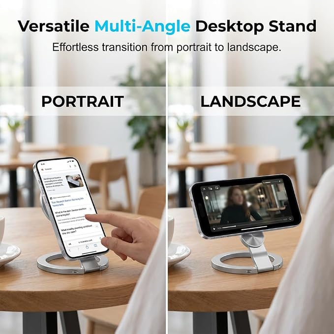 Magnetic Phone Stand Foldable 360° Rotating Phone Holder with Dual-Sided Magnetic Design Adjustable Desktop Stand for Home Office Travel and Daily Use (Grey-1)