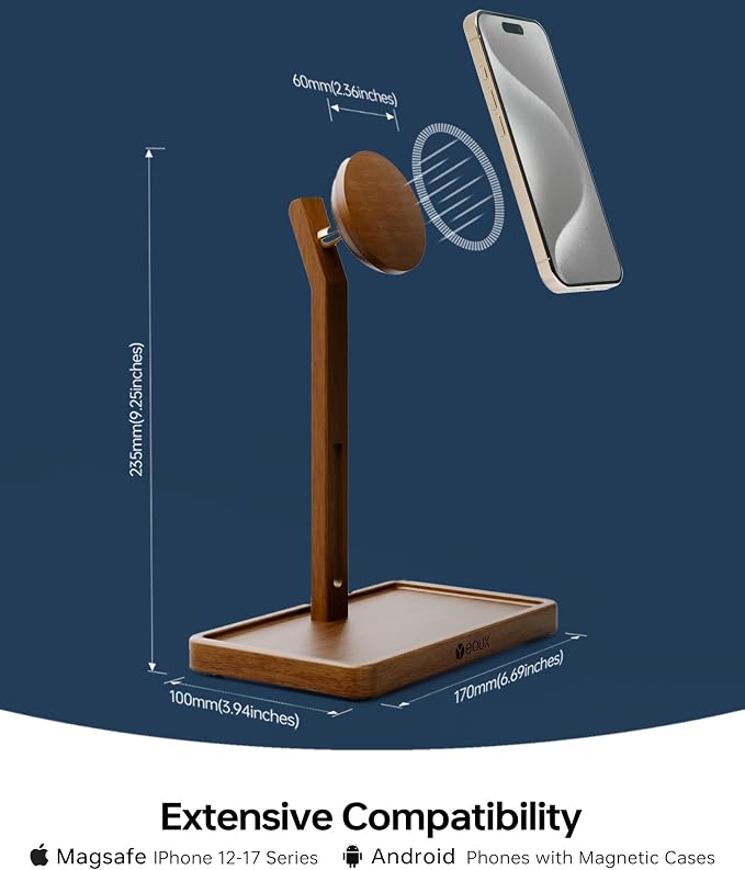 YEOUX Premium Magnetic Phone Holder for Desk | Solid Walnut Wood | 360° Free Adjustable | MagSafe Compatible for iPhone 17 16 15 14 Stylish Desk Accessory