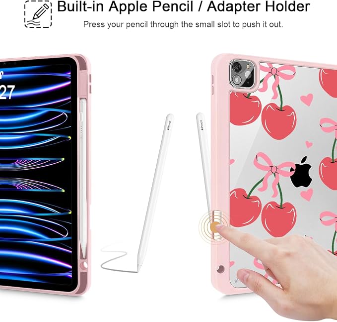 Mektron Case for iPad Pro 11 inch Case M2 2022 Generation 4th Fit 2021 2020 2018 iPad Pro 11 (3rd 2nd &amp 1st Gen) -Buit in Pencil Holder with Shockproof Cover Clear Shell Blue Bows &amp Flower