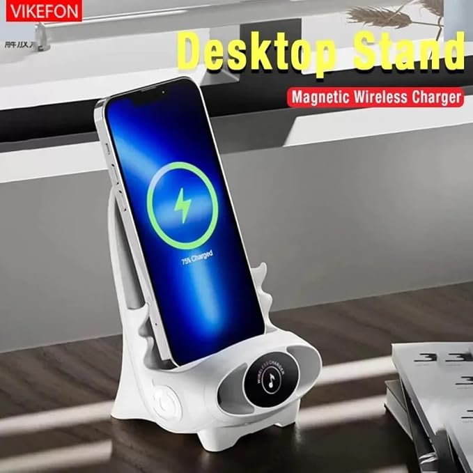 Unique Desktop Mobile Phone Stand Desktop Vertical Holder Magnetic Wireless Charger Unique Mini Chair Shape Tablet Phone Fast Charging Station (White)