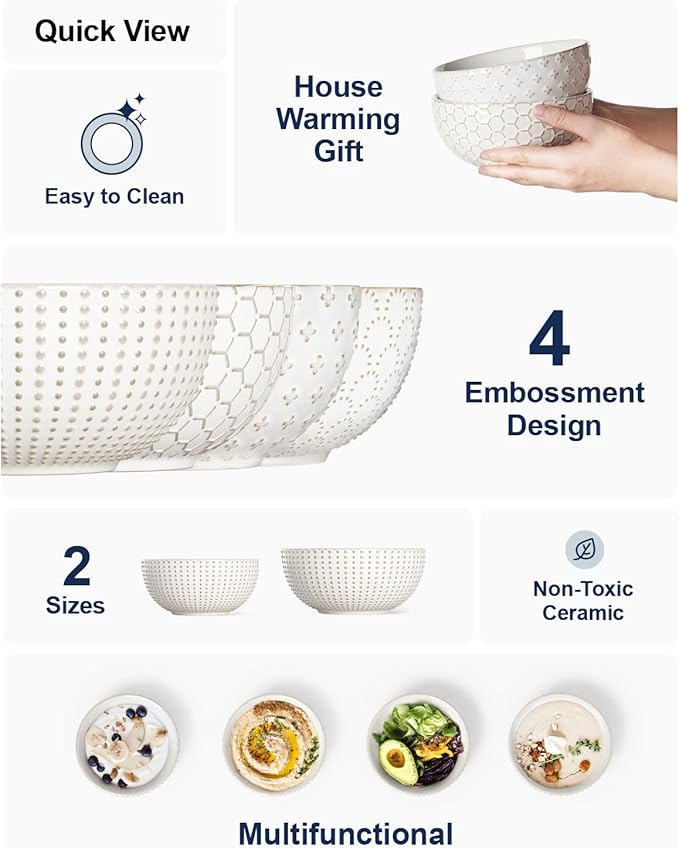LE TAUCI Cereal bowls 26 oz, Ceramic Soup Bowl for Kitchen, Embossment Stoneware Bowl for Pho, Chip, Fruits, Salad, Noodle, Ramen, Suit For Housewarming - 6 Inch, Set of 4, Arctic white